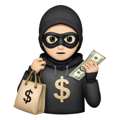a thief boy with a bag in his hand with a dollar in the middle of the bag and a mask on his eyes sticker