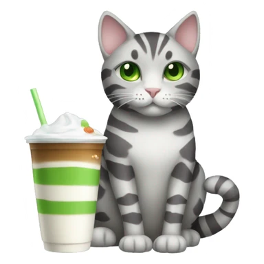 A striped grey cat with green eyes drinking boba sticker