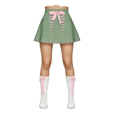Sage green a-line mini skirt with pink lace up on the sides and bows and embroidery, isolated sticker