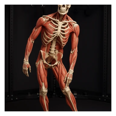 Hyperrealistic anatomical view of the same pose: tilted pelvis, valgus knee, pronated foot, with detailed visible bones and muscles, gym environment, 4K quality. Variant 3: more evident foot pronation. sticker