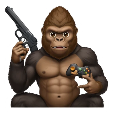 A gorilla holding a gun in the air with a Xbox controller  sticker
