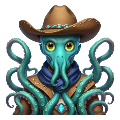 Close-up portrait of a tentacled alien cowboy, subtle glowing bioluminescent skin, tentacles partially hidden under a cowboy scarf, mysterious expression, dramatic shadow lighting, high detail, sci-fi western fusion
 sticker