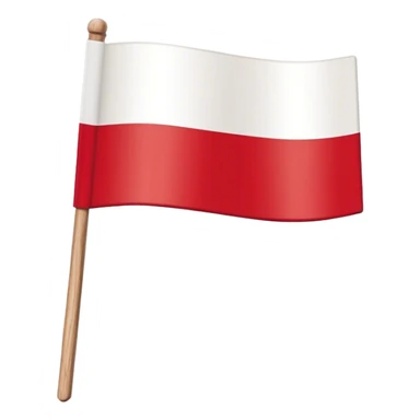 "A simple Polish flag on a wooden stick, waving slightly in the wind. The flag has two horizontal stripes: white on top and red on the bottom. The stick is light brown, made of wood, and slightly tilted to the right. The background is plain white sticker