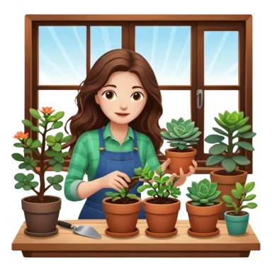 
Close-up of a woman with long, wavy brown hair planting a seedling in a pot. Surrounding her are plants and succulents with vibrant leaves and flowers. Sunlight filters through the window, casting soft shadows. A cozy interior space with gardening tools on a wooden table. sticker