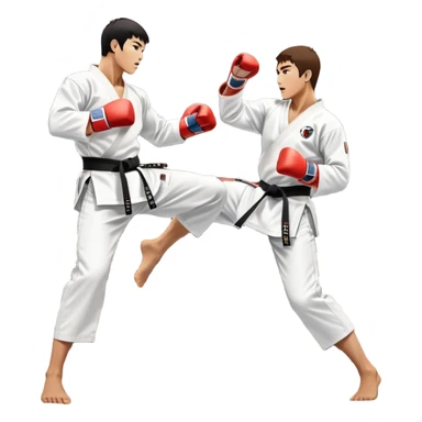 Two taekwondo fighters in traditional white doboks with black belts. One delivers a powerful kick, while the other defends by blocking with his knee. The background shows a professional arena with bright lights and an excited crowd. Transparent background highlights the intense action sticker