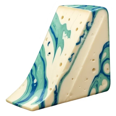 wedge of gorgonzola cheese creamy pale ivory inside with bold blue-green veins, slightly moist and rich surface, natural beige rind, smooth cut showing marbling, no plate or extras, soft lighting, emoji scale sticker