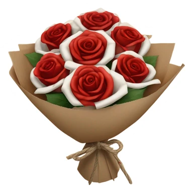 Rose bouquet wrapped in light brown paper, red and white roses. The paper must show at the back and the bow must be rope. White and res roses. Just a bit bigger sticker