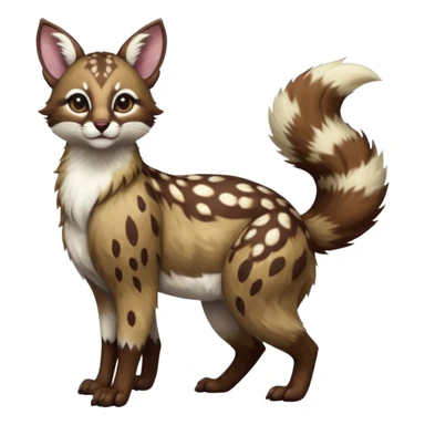 Colorful dark realistic chocolate-brown tropical beige fur glorious divine exotic cute cool beautiful shiny beautiful fantasy-Furret-Eevee-caracal-civet-genet-sergal-vernid-Cacomistle-oncilla-animal-Fakémon-hybrid-fursona with white deer-spots pattern markings (full body) sticker