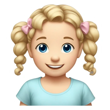 A toddler girl with 2 tiny pig tails on top of her hair with tiny bows, fair skin, blue eyes, light brown hair, smiling, wearing a pastel shirt sticker