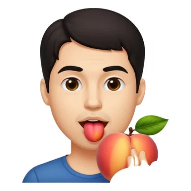Dark haired Man with red beard licking peach sticker