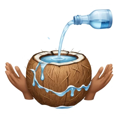 An uncut coconut with water being poured over it with hands cupping water sticker