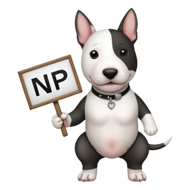 photo realistic bull terrier dog holding a sign that says "NP" sticker