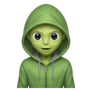green alien in gray hoodie full height, wear hoodie hat, happy sticker