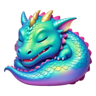Meme-Worthy Cute Sleeping Dragon Portrait Emoji, Head resting peacefully with a contented smile, showcasing a sinuous, graceful build and a luxuriously soft, iridescent scaled body, eyes gently closed in serene, magical slumber, Simplified yet hilariously adorable features, highly detailed, glowing with a soft, drowsy mystical light, high shine, relaxed and utterly lovable, stylized with an air of playful fantasy, soft glowing outline, capturing the essence of a sleeping dragon that feels destined to become the next viral sensation of enchanted rest! sticker