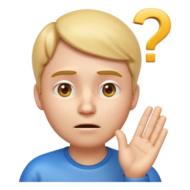3D glossy emoji of a confused person feeling lost, hand on chin, raised eyebrow, looking up, small question marks around head, faint maze background, soft gradient, centered, transparent background.\ sticker