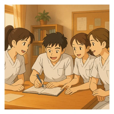 Groupe de quatre étudiants infirmiers, style Ghibli, en train de collaborer à l'intérieur. Uniformes blancs, tuniques col en V, poche poitrine à gauche, manches courtes, avant-bras nus, pas de stéthoscopes ni pied de col, cheveux longs attachés. Scène dynamique et chaleureuse. sticker