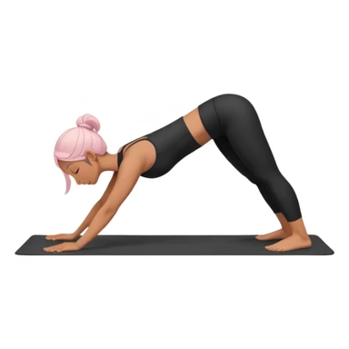 	A woman doing downward dog pose on a yoga mat, black outfit, serene background with soft pastel colors and stars. sticker