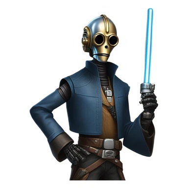 jedi first order human-sized darkblue-pearl friendly bounty hunter c3po droid wearing a leather wild west duster coat holding light saber ready to fight but relaxed. antique sticker