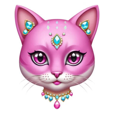 glamorous cat portrait, head and shoulders only, exaggerated pink makeup, bright eyeshadow, long eyelashes, shiny blush cheeks, sparkling face gems, glitter accents, elegant earrings, fantasy beauty style, cute 3D cartoon, mobile game icon style, clean background, no text, no watermark
 sticker