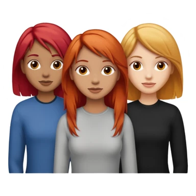 Can you create an image of 3 friends together one with red bright hair light skin one the other with brown hair with some blonde highlights in the hair fair skin the last one with light brown a tint of orange hair and black long hair sticker