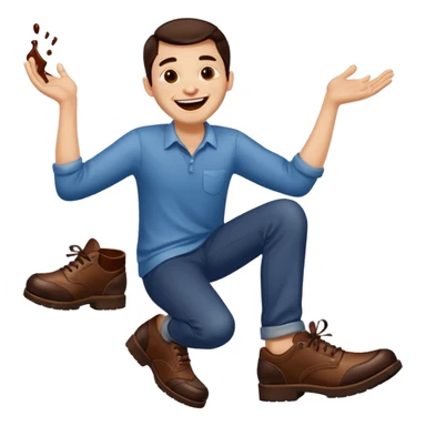 Man laughing with chocolate stain on shoe sticker