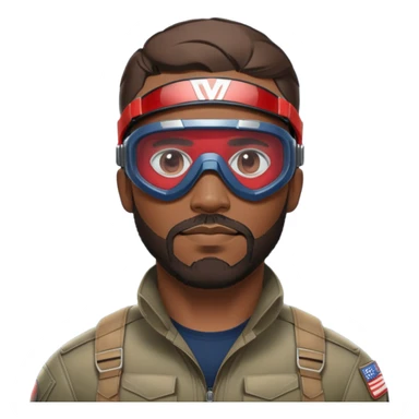 sam wilson with a very short hair close to the scalp and  a well-groomed beard that connects to his mustache,  wear sleek, red-tinted tactical goggles fit snugly from captain america: civil war sticker