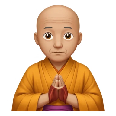 A old bald monk wearing traditional robes, calm expression, hands clasped, in a serene setting sticker