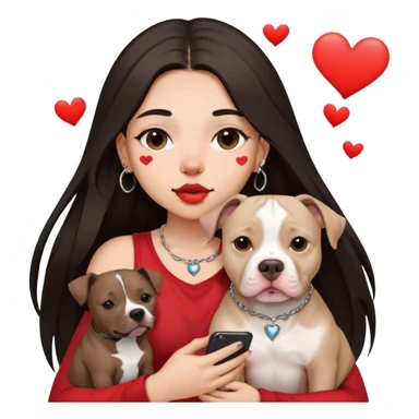 Young girl, with long dark hair, kind of chop you around her face holds her phone sitting by her pitbull. She has a small septum ring in her nose and heart fly all around her. sticker