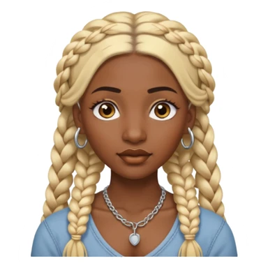 A dark-skinned woman with long blonde hair styled into two thick braids, large golden-brown eyes and arched eyebrows.  a silver eyebrow ring, a nose stud, and a lip ring. sticker
