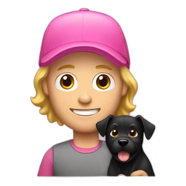 blond guy with little beard in pink cap holding black dog sticker