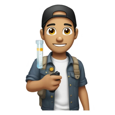 "Light-skinned Latino male with short black hair, wearing a backward cap front to back. Brown eyes, slightly thick lower lip, smiling. Holding a test tube in one hand and a video game controller in the other. Cartoon style sticker
