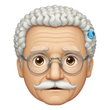 An elderly man emoji with light skin, fluffy curly white hair, thick white eyebrows, brown eyes behind black-framed glasses, a narrow pointed face, and a thin straight white mustache above his mouth. sticker