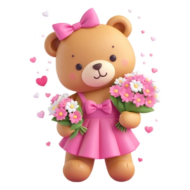 A cute teddy bear with a pink bow on its head, holding a bouquet of white flowers, in a 3D iOS Disney style, with a soft pink background and hearts floating around, wearing a pink dress. sticker