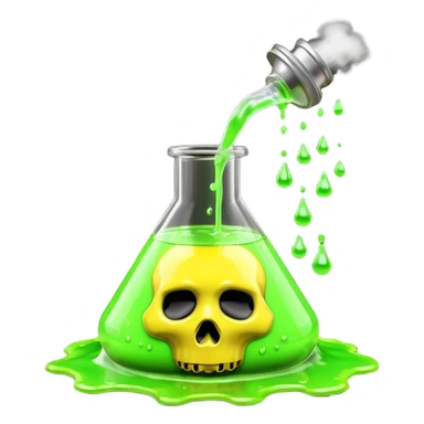 3D render of Spilled Flask, toxic waste aesthetic, neon green bubbling liquid, caution yellow metal, industrial warning texture. sticker