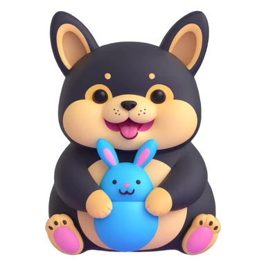 chubby black shiba inu with blue bunny plush in mouth, happy expression, cheese scent implied sticker