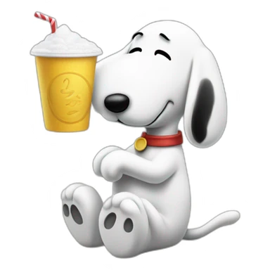Snoopy (full body, standing) holding a straw in his hand against his nose bent over a table sucking up a pile of sugar -drink -cup sticker