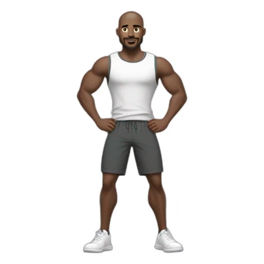 Full height Actively gesturing with hands Pale skinned Fit Man With the biceps, green eyes and brown hair in dark gray Sleeveless Mike, black oversize sports shorts, watch and white Sneakers sticker