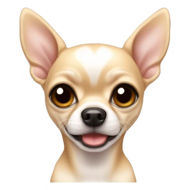 A large female chihuahua with beige-white coloring, with large erect ears, large eyes with a large black shiny pupil sticker