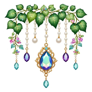 Exotic romantic Few cute tiny Iridescent glistening glossy sparkly shiny glittery hanging crystals pearls and beads and gemstones scenery scenic decorations with ivy and flowers sticker