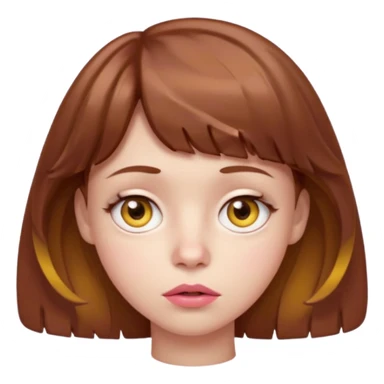 FAÇA UMA PERSONAGEM FOFA COM NARIZ DE BOLINHA AVERMELHADO CLARO E ZUMBI CABELO MARRON ONDULADO E FRANJA CURTA   COMO SE NÃO SOUBESSE OQ FEZ LÁBIOS CLAROS FECHADOS E OLHOS AMARELOS sticker