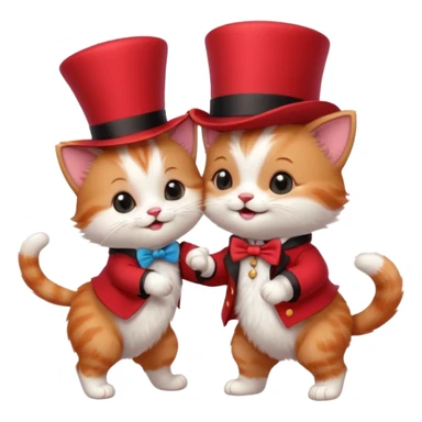 Steampunk:a very cute and adorable anthropomorphic baby cat with a red top hat is dancing with a puppy sticker
