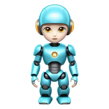 Cute futuristic chibi humanoid robot with large rounded head, add text on chest "LMX". glossy black and grey metal body, glowing cyan and amber eyes, visible joints, confident pose, white background, high-detail 3D render,  sticker