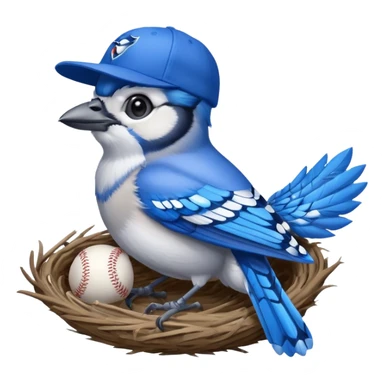 blue jay wearing blue jay baseball hat, standing in nest, holding trophy in left hand sticker