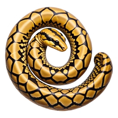 A photo-realistic top-down view of a Ball Python gently coiled into a tight spiral, with its head resting peacefully at the center. Its scales are warm brown with bold, irregular black markings, including the distinctive “alien-head” pattern, flowing smoothly along its body.  sticker