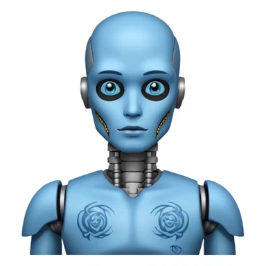 blue Tatooed robot, big many tatooes on chest, neck and face, tatoo on face sticker
