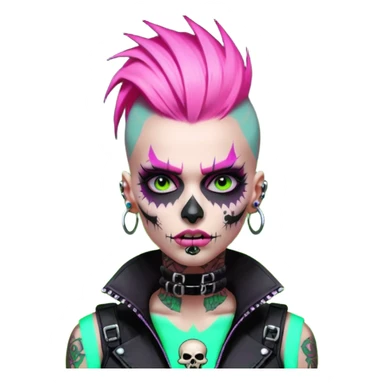 Cyberpunk female punk, pink mohawk, skull face tattoos, bionic neck, aggressive expression, neon green lighting sticker