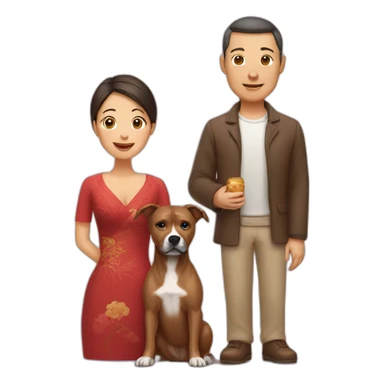 man and Chinese lady with brown Staffordshire terrier dog sticker