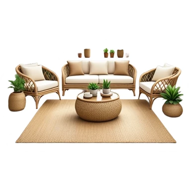 modern boho living room with many indoor plants, rattan furniture, white walls, and natural light sticker