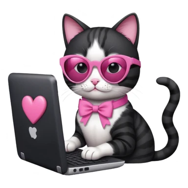 Black and white cat with pink ribbon and black cool sunglasses doing pink computer with pink heart sticker