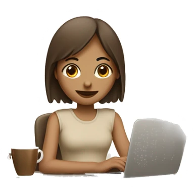 Half face of a girl at the laptop. A a cup of coffee on the left side of the table. Books on the right side. in beige tones sticker
